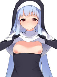 Rule 34 | 1girl, blue hair, blush, breasts, breasts out, closed mouth, lifted by self, light blue hair, long hair, nun, original, pink eyes, simple background, smile, solo, tera zip, turtleneck, white background