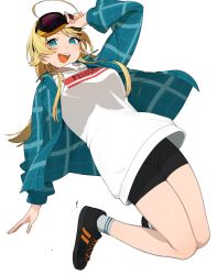 Rule 34 | 2kai floor, ahoge, bike shorts, black footwear, black shorts, blonde hair, blue eyes, blue shirt, breasts, checkered clothes, checkered shirt, goggles, goggles on head, hachimiya meguru, hand on own head, hand up, highres, idolmaster, idolmaster shiny colors, jumping, long hair, long sleeves, looking at viewer, medium breasts, midair, open clothes, open mouth, open shirt, shirt, shoes, shorts, smile, socks, solo, sweater, teeth, upper teeth only, white socks, white sweater