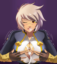 Rule 34 | 1girl, blazblue, breasts, bullet (blazblue), cleavage, cum, cum on body, cum on breasts, cum on upper body, female focus, gradient background, large breasts, solo, sowilo, upper body