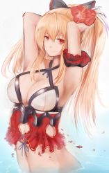 Rule 34 | 10s, 1girl, armband, arms behind head, arms up, bad id, bad pixiv id, bikini, black bow, blonde hair, bow, breasts, cleavage, flower, gradient background, granblue fantasy, hair bow, hair flower, hair ornament, hibiscus, highres, huge breasts, long hair, navel, ponytail, red eyes, scrunchie, smile, snm (sunimi), solo, swimsuit, vira (granblue fantasy)