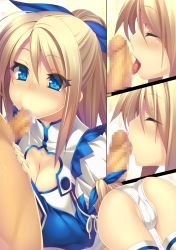 Rule 34 | ass, bent over, blue eyes, blush, breasts, cameltoe, censored, cleavage, cleavage cutout, closed mouth, clothing cutout, eyes visible through hair, fellatio, hair between eyes, hair ribbon, half updo, hetero, highres, kinoshita ichi, kissing penis, licking, licking penis, light brown hair, long sleeves, mosaic censoring, non-web source, one side up, oral, original, penis, profile, ribbon, solo focus, sweat, thighhighs, tongue, tongue out, white legwear