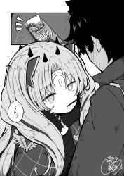 Rule 34 | 1boy, 1girl, beni shake, blush, cloak, closed mouth, commentary request, crescent, crescent facial mark, facial mark, fate/grand order, fate (series), food, food in mouth, forehead mark, fujimaru ritsuka (male), fujimaru ritsuka (male) (polar chaldea uniform), full-face blush, fur-trimmed cloak, fur trim, greyscale, horns, ishtar (fate), jacket, long hair, monochrome, mouth hold, notice lines, parted bangs, pocky, polar chaldea uniform, signature, space ishtar (fate), space ishtar (third ascension) (fate), star-shaped pupils, star (symbol), symbol-shaped pupils, two side up, uniform, very long hair