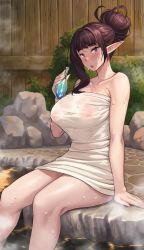 Rule 34 | 1girl, :o, arisa (jagaimo (kkamja)), arm support, blush, bottle, breasts, brown hair, bush, collarbone, commentary, covered erect nipples, elf, english commentary, hair bun, hand up, holding, jagaimo (kkamja), looking at viewer, naked towel, onsen, original, outdoors, pointy ears, purple eyes, rock, shiny skin, single hair bun, sitting, solo, steam, towel, water, wet, white towel
