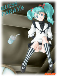 Rule 34 | 1girl, aqua hair, bad id, bad pixiv id, blue eyes, cameltoe, char&#039;s counterattack, cleft of venus, cup, disposable cup, drinking straw, floating, gundam, hair ribbon, lipstick, makeup, panties, pantyshot, pussy, quess paraya, ribbon, sitting, socks, solo, striped clothes, striped socks, turtleneck, twintails, underwear, uneven twintails, upskirt, vertical-striped clothes, vertical-striped socks, zummy