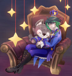 1boy alternate_costume black_background black_footwear black_hair blue_jacket boots closed_eyes commentary_request couch cowlick crown genshin_impact green_hair hair_between_eyes holding holding_stuffed_toy jacket multicolored_hair on_couch pants purple_pants short_hair_with_long_locks shou_fuji signature sitting smile star_(symbol) stuffed_animal stuffed_toy two-tone_hair wolfy_(genshin_impact) xiao_(genshin_impact)
