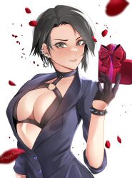 Rule 34 | 1girl, black eyes, black gloves, black hair, box, bracelet, breasts, chest harness, ear piercing, earrings, final fantasy, final fantasy xiv, gloves, half gloves, harness, heart-shaped box, highres, hyur, jewelry, looking at viewer, medium breasts, petals, piercing, pixie (pixieinktvis), short hair, solo, spiked bracelet, spikes, upper body, white background, zero (ff14)
