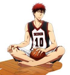 Rule 34 | 1boy, basketball, basketball uniform, kagami taiga, kuroko no basuke, male focus, red eyes, red hair, sitting, solo, sportswear