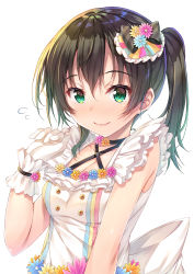 Rule 34 | arm up, black hair, blue flower, bow, breasts, buttons, cleavage, collarbone, dress, flower, flower trim, frills, gloves, gradient hair, green eyes, green hair, hair between eyes, hair bow, hair flower, hair ornament, looking at viewer, love live!, love live! nijigasaki high school idol club, medium breasts, multicolored hair, pink flower, sleeveless, sleeveless dress, smile, solo, striped, takasaki yu, tomo wakui, twintails, upper body, white background, white dress, white gloves, yellow flower