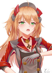Rule 34 | 1girl, absurdres, admiral hipper (azur lane), azur lane, buttons, double-breasted, gloves, green eyes, grey gloves, hair between eyes, headgear, highres, ichikushi mojibake, long hair, looking at viewer, open mouth, orange hair, red gloves, simple background, solo, standing, teeth, two-tone gloves, upper body, white background