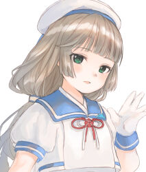 Rule 34 | 1girl, absurdres, blue sailor collar, blush, gloves, green eyes, hat, highres, kantai collection, long hair, looking at viewer, low twintails, mikura (kancolle), parted lips, rom (rommmoon), sailor collar, sailor hat, school uniform, serafuku, short sleeves, simple background, solo, twintails, upper body, white background, white gloves