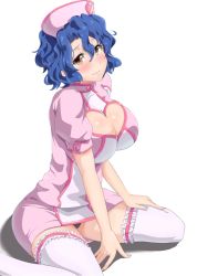 Rule 34 | 10s, 1girl, black panties, blue hair, blush, breasts, cleavage, cleavage cutout, clothing cutout, frills, hat, heart, heart-shaped hole, heart cutout, idolmaster, idolmaster million live!, impossible clothes, impossible shirt, lace, lace-trimmed legwear, lace trim, large breasts, legs, looking at viewer, namakemono (u446644k), nurse, nurse cap, panties, pantyshot, shirt, short hair, simple background, sitting, solo, thighhighs, thighs, toyokawa fuka, underwear, wariza, white background, white thighhighs, yellow eyes