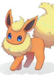 Rule 34 | absurdres, animal focus, blonde hair, blue eyes, closed mouth, creatures (company), flareon, full body, fur collar, game freak, gen 1 pokemon, highres, looking at viewer, looking to the side, mochizuki reiji, nintendo, no humans, pokemon, pokemon (creature), short hair, simple background, solo, standing, white background