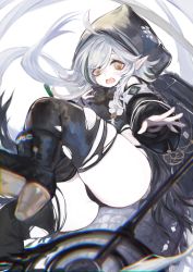 1girl, ahoge, arknights, backpack, bag, black footwear, black legwear, black panties, black shirt, black sleeves, blush, boots, crocodilian tail, detached sleeves, grey hair, highres, hood, hood up, looking at viewer, multicolored hair, open mouth, outstretched arm, panties, pointy ears, romayasu, shirt, short hair, skindentation, solo, staff, streaked hair, thighhighs, thighs, tomimi (arknights), torn clothes, torn legwear, underwear, yellow eyes
