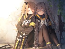 Rule 34 | 2girls, armband, black footwear, black gloves, black jacket, black pantyhose, black ribbon, black skirt, blush, boots, brown hair, closed eyes, closed mouth, cross-laced footwear, day, fingerless gloves, girls&#039; frontline, gloves, gun, h&amp;k ump, hair between eyes, hair ornament, hair ribbon, hairclip, heckler &amp; koch, hugging own legs, jacket, knee pads, knees up, lace-up boots, leaf, leaning on person, leaning to the side, light particles, long hair, long sleeves, military, military uniform, miniskirt, multiple girls, neck ribbon, one side up, open clothes, open jacket, outdoors, pantyhose, ribbon, shirt, side-by-side, sidelocks, silver hair, sitting, skirt, smile, submachine gun, toosaka asagi, twintails, ump45 (girls&#039; frontline), ump9 (girls&#039; frontline), uniform, weapon, white shirt, yellow eyes, yellow skirt