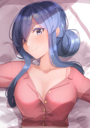 Rule 34 | 1girl, artist name, bed sheet, blue eyes, blue hair, blush, bra, breasts, cleavage, commentary request, gotland (kancolle), hair between eyes, highres, jewelry, kantai collection, long hair, looking at viewer, lying, masukuza j, medium breasts, mole, mole under eye, necklace, on back, pajamas, pink bra, pink pajamas, shadow, sidelocks, smile, solo, unbuttoned, underwear