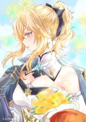 Rule 34 | 2girls, absurdres, bare shoulders, blonde hair, blue capelet, blue eyes, blue gloves, bouquet, breasts, brooch, capelet, cleavage, commentary request, cross, cross earrings, detached collar, detached sleeves, earrings, flower, genshin impact, gloves, highres, jean (genshin impact), jewelry, karakusa (ototsukiharu), klee (genshin impact), long hair, long sleeves, medium breasts, multiple girls, parted lips, ponytail, red headwear, shirt, sidelocks, strapless, strapless shirt, upper body, white shirt, yellow flower