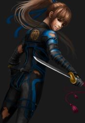 Rule 34 | 1girl, black background, black bodysuit, blue ribbon, bodysuit, brown eyes, brown hair, bruise, bruise on face, dead or alive, dutch angle, floating hair, from behind, hair between eyes, hair ribbon, high ponytail, highres, holding, holding sword, holding weapon, injury, jack (kairuhaido), kasumi (doa), long hair, looking at viewer, looking back, parted lips, ribbon, solo, standing, sword, tecmo, torn clothes, weapon