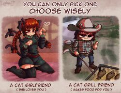 Rule 34 | 2girls, :3, absurdres, animal ears, black thighhighs, braid, breasts, brown hair, cat ears, cat grill friend (meme), chen, choice, cooking, cowboy hat, dress, ears through headwear, elemenopii, enano bostero asador (meme), english text, fish, flannel, full body, green dress, grill, grilling, hat, heart, highres, kaenbyou rin, kneeling, looking at viewer, meme, multiple girls, multiple tails, nekomata, on bed, outdoors, paw pose, red eyes, red hair, short dress, signature, small breasts, standing, tail, thighhighs, thighs, thumbs up, touhou, twin braids, two tails