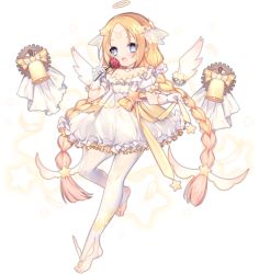 Rule 34 | 1girl, :3, :d, angel (ark order), angel wings, ao jun, ark order, bell, blonde hair, blue eyes, blush, bow, braid, constellation print, detached wings, diadem, dress, dress bow, falling feathers, feathers, flower, forehead, frilled dress, frills, full body, gears, gloves, hair ornament, halo, holding, holding flower, long hair, looking at viewer, mini wings, official art, open mouth, pantyhose, pink pupils, pointy ears, puffy dress, red flower, red rose, rose, see-through, see-through legwear, short dress, sidelocks, smile, solo, standing, standing on one leg, star-shaped pupils, star (symbol), star hair ornament, star print, stirrup legwear, symbol-shaped pupils, tachi-e, toeless legwear, transparent background, twin braids, veil, very long hair, white dress, white gloves, white pantyhose, white wings, wings, yellow bow