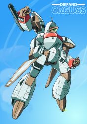 Rule 34 | aiming, arm cannon, blue sky, character name, choujikuu seiki orguss, clenched hand, cloud, commentary request, energy cannon, flying, gunpod, highres, mecha, moukin punch, no humans, orguss, orguss (mecha), radio antenna, robot, science fiction, sketch, sky, solo, weapon