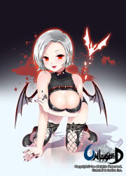 Rule 34 | 1girl, all fours, bad id, bad pixiv id, bat (animal), bat wings, blood, blood splatter, blush, breasts, cleavage, collar, demon girl, fishnet thighhighs, fishnets, ice (ice aptx), jewelry, lace, large breasts, lips, nail polish, red eyes, ring, shadow, short hair, silver hair, slit pupils, solo, spiked collar, spikes, thighhighs, unleashed, wings