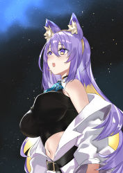 Rule 34 | 1girl, animal ear fluff, animal ears, belt, black belt, black choker, blazingchaos, blonde hair, blue bow, bow, breasts, chandelier earrings, choker, coat, colored inner hair, crop top, earrings, fang, hair between eyes, highres, hololive, hololive indonesia, howling, jewelry, large breasts, long hair, looking up, midriff, moona hoshinova, multicolored eyes, multicolored hair, navel, night, off-shoulder coat, off shoulder, open mouth, outdoors, purple eyes, purple hair, shirt, sky, sleeveless, sleeveless shirt, solo, star (sky), star (symbol), starry background, starry sky, very long hair, virtual youtuber, white coat, wolf ears, yellow eyes