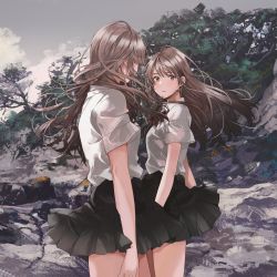 Rule 34 | 2girls, black skirt, blush, brown eyes, brown hair, cloud, cloudy sky, collared shirt, expressionless, fly (marguerite), highres, long hair, looking at another, multiple girls, original, outdoors, parted lips, pleated skirt, rock, school uniform, shirt, short sleeves, skirt, sky, standing, tree, white shirt