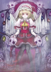 Rule 34 | 1girl, ascot, black thighhighs, blonde hair, blush, childofa, female focus, flandre scarlet, hat, looking at viewer, red eyes, sitting, skull, solo, thighhighs, touhou, wings, wrist cuffs