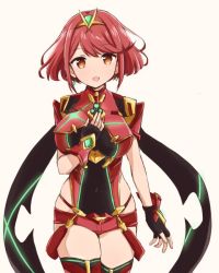 Rule 34 | 1girl, breasts, earrings, hair ornament, hand on own chest, jewelry, large breasts, madanai (morisumeshi), nintendo, pyra (xenoblade), red eyes, red hair, short hair, smile, xenoblade chronicles (series), xenoblade chronicles 2
