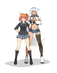 Rule 34 | 2girls, ahoge, animal ears, artist request, belt, bikini, black bikini, black footwear, black gloves, black jacket, black scrunchie, black skirt, blue shorts, blush, body markings, boots, breasts, caenis (fate), closed eyes, closed mouth, collar, commentary request, crossed arms, cutoffs, dark-skinned female, dark skin, denim, denim shorts, fate/grand order, fate (series), fujimaru ritsuka (female), fujimaru ritsuka (female) (polar chaldea uniform), full body, gloves, grey skirt, hair intakes, hair ornament, hair scrunchie, highleg, highleg bikini, jacket, long hair, long sleeves, looking at viewer, medium breasts, multiple girls, navel, one side up, open clothes, open jacket, orange eyes, orange hair, polar chaldea uniform, scrunchie, short hair, short shorts, shorts, simple background, single thighhigh, skirt, smile, standing, swimsuit, thighhighs, very long hair, white background, white footwear, white white