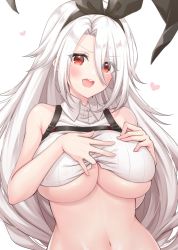 Rule 34 | 1girl, :d, azur lane, bare shoulders, black hairband, blush, breasts, collared shirt, commentary, crop top, eyes visible through hair, hair between eyes, hair over one eye, hairband, hands on own chest, heart, large breasts, long hair, looking at viewer, mole, mole under eye, navel, open mouth, parted bangs, prinz heinrich (azur lane), red eyes, ribbed shirt, ruima, shirt, sidelocks, simple background, smile, solo, standing, stomach, symbol-only commentary, teeth, underboob, upper body, upper teeth only, very long hair, white background, white hair