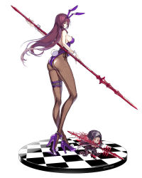 Rule 34 | 1girl, animal ears, ass, checkered floor, cu chulainn (fate), cu chulainn (fate) (all), cu chulainn (fate/stay night), cu chulainn alter (fate/grand order), fake animal ears, fate/grand order, fate (series), fishnet pantyhose, fishnets, gae bolg (fate), hairband, high heels, highres, koshika rina, lancer, leotard, long hair, mini cu-chan (fate), official alternate costume, pantyhose, playboy bunny, pumps, purple footwear, purple hair, purple hairband, purple leotard, rabbit ears, rabbit tail, red eyes, scathach (fate), scathach (piercing bunny) (fate), sharp teeth, shoes, simple background, solo, strapless, strapless leotard, tail, teeth, twitter username, very long hair, white background, wrist cuffs