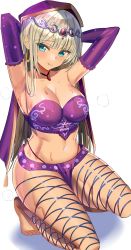Rule 34 | 1girl, absurdres, aqua eyes, armpits, arms behind head, arms up, bad id, bad twitter id, barefoot, blonde hair, breasts, circlet, cross-laced clothes, cross-laced legwear, earrings, feet, female focus, green eyes, hanasaka houcha, harem outfit, highres, hood, hoop earrings, jewelry, kneeling, licking lips, looking at viewer, medium breasts, navel, original, revealing clothes, skirt, solo, strapless, tiptoes, tongue, tongue out, white background, white hair