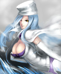 Rule 34 | 1girl, belinda, black sclera, blue hair, blue lips, breasts, brooch, cape, cleavage, cleavage reach, colored sclera, corset, elbow gloves, gem, gloves, hat, highres, ice, jewelry, kumiko shiba, large breasts, lipstick, long hair, makeup, solo, unlight, white gloves, yellow eyes