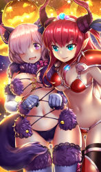 Rule 34 | 2girls, animal ears, armor, bad id, bad pixiv id, bikini armor, black panties, blue eyes, blush, bra, breasts, closed mouth, elizabeth bathory (brave) (fate), elizabeth bathory (fate), elizabeth bathory (fate/extra ccc), fang, fang out, fate/grand order, fate (series), fur-trimmed gloves, fur-trimmed legwear, fur trim, gloves, gluteal fold, hair over one eye, halloween, halloween costume, hat, horns, kurobuchi numama, lace, lace-trimmed bra, lace trim, large breasts, long hair, looking at viewer, loose bikini, mash kyrielight, mash kyrielight (dangerous beast), multiple girls, navel, o-ring, o-ring top, official alternate costume, open mouth, panties, pauldrons, pointy ears, pumpkin, purple eyes, purple hair, red hair, revealing clothes, revision, short hair, shoulder armor, smile, swimsuit, tail, thigh gap, thighhighs, underboob, underwear, wide hips, wolf ears, wolf tail