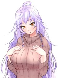 Rule 34 | 10s, 1girl, ahoge, alternate costume, amidatto, bad id, bad pixiv id, braid, breasts, brown eyes, granblue fantasy, hands on own chest, highres, large breasts, light purple hair, long hair, looking at viewer, open mouth, ribbed sweater, silva (granblue fantasy), silver hair, solo, sweater, tsurime, turtleneck, twin braids, very long hair, yellow eyes