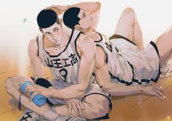Rule 34 | !, 2boys, basketball jersey, basketball uniform, black eyes, black hair, blush, bottle, buzz cut, closed eyes, closed mouth, couple, feet out of frame, fukatsu kazunari, full body, hand in another&#039;s hair, highres, holding, holding bottle, leaning back, leaning on person, looking at another, male focus, multiple boys, on floor, pectoral cleavage, pectorals, sawakita eiji, short hair, shorts, sitting, slam dunk (series), speech bubble, sportswear, tank top, toned, toned male, undercut, very short hair, water bottle, wfi1584191, white shorts, white sneakers, white tank top, yaoi