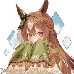 Rule 34 | 1girl, animal ears, blush, braid, brown hair, cloud, commentary request, covering own mouth, ear ornament, frilled sleeves, frills, grey hair, half updo, horse ears, kushibi, long hair, long sleeves, looking at viewer, multicolored hair, orange eyes, satono diamond (umamusume), sleeves past fingers, sleeves past wrists, solo, two-tone hair, umamusume, upper body, white background