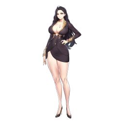 Rule 34 | 1girl, black dress, black hair, breast tattoo, breasts, butterfly tattoo, cleavage, dress, full body, game cg, hand on own hip, high heels, highres, huge breasts, kakiman, last origin, lemonade omega, long hair, long sleeves, looking at viewer, mole, mole under mouth, nail polish, official art, red eyes, short dress, smile, solo, standing, tachi-e, tattoo, thick thighs, thighs, tight clothes, tight dress, transparent background