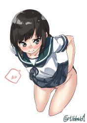 Rule 34 | 10s, 1girl, bad id, bad twitter id, black eyes, black hair, blue skirt, blush, closed mouth, collarbone, cowboy shot, cropped legs, ebifurya, female pubic hair, fubuki (kancolle), gluteal fold, groin, hand in skirt, hand under clothes, highres, inactive account, kantai collection, leaning forward, no panties, pleated skirt, ponytail, pubic hair, pussy juice, school uniform, serafuku, short sleeves, simple background, skirt, solo, speech bubble, spoken blush, sweat, twitter username, white background