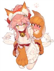 Rule 34 | 1girl, :o, absurdres, animal ear fluff, animal ears, animal hands, apron, bell, blush, bow, breasts, cat hair ornament, cleavage, collar, fate/grand order, fate (series), fox ears, fox tail, frills, gloves, hair ornament, highres, kneeling, large breasts, looking at viewer, maid headdress, naked apron, neck bell, noco (adamas), paw gloves, paw pose, paw print, paw shoes, pink hair, shoes, simple background, solo, tail, tamamo (fate), tamamo cat (fate), tamamo cat (third ascension) (fate), white background, yellow eyes