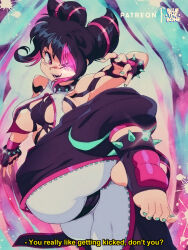 Rule 34 | 1girl, :d, areola slip, black hair, bluethebone, bracelet, breasts, cameltoe, cleft of venus, collar, commentary, english commentary, english text, fangs, fingerless gloves, fingernails, foot out of frame, gloves, glowing, glowing eye, green nails, hair horns, han juri, highres, jewelry, large breasts, multicolored hair, nail polish, open mouth, panties over leggings, patreon username, pink hair, retro artstyle, smile, solo, spiked anklet, spiked bracelet, spiked collar, spikes, stirrup legwear, streaked hair, street fighter, subtitled, toeless legwear, toenail polish, toenails, toes