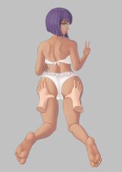 Rule 34 | 1girl, absurdres, alternate costume, artist request, ass, ass grab, bare shoulders, barefoot, bikini, blue eyes, breasts, cameltoe, dark skin, deep skin, disembodied hands, egyptian, embarrassed, from behind, highres, menat, open mouth, parted lips, purple hair, shiny skin, short hair, solo, street fighter, street fighter v, swimsuit, v