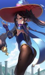 Rule 34 | 1girl, armor, ass, bird, black hair, black pantyhose, blue eyes, blue leotard, blush, broken pillar, commentary request, detached sleeves, floating hair, from side, genshin impact, hat, highres, leotard, looking at viewer, looking back, mona (genshin impact), outdoors, pantyhose, pauldrons, pillar, shoulder armor, sky, solo, thighs, twintails, witch hat, yamanokami eaka