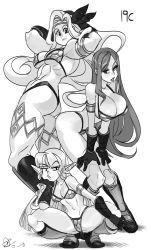Rule 34 | 3girls, alex ahad, amazon (dragon&#039;s crown), amazon warrior, armlet, armor, ass, bikini armor, boots, breasts, cleavage, dragon&#039;s crown, elf, elf (dragon&#039;s crown), feather hair ornament, gloves, hair ornament, highres, large breasts, looking at viewer, monochrome, multiple girls, muscular, muscular female, pointy ears, small breasts, sorceress (dragon&#039;s crown), squatting
