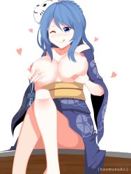 Rule 34 | 10s, 1girl, :p, :q, ;p, ;q, absurdres, alternate costume, blue eyes, blue hair, blush, breast hold, breasts, breasts out, crossed legs, female focus, fox mask, hand on breast, hands on own chest, heart, highres, japanese clothes, kantai collection, kimono, large breasts, long hair, mask, mask on head, matching hair/eyes, mush (mushlicious), nipples, one eye closed, open clothes, sitting, smile, solo, tongue, tongue out, urakaze, urakaze (kancolle), wide sleeves, yukata