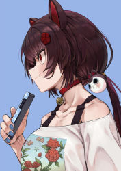 Rule 34 | 1girl, animal ears, bare shoulders, bell, blue background, blue nails, brown hair, cellphone, choker, closed mouth, collarbone, commentary request, dog ears, dog girl, dog hair ornament, fang, floral print, flower, from side, hair flower, hair ornament, holding, holding phone, inui toko, jingle bell, long hair, looking away, nail polish, neck bell, nijisanji, off-shoulder shirt, off shoulder, phone, ponytail, print shirt, profile, red choker, red eyes, sakurai energy, shirt, simple background, smartphone, smile, solo, upper body, virtual youtuber, white shirt