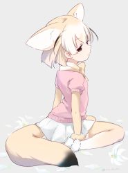 Rule 34 | 10s, 1girl, animal ears, blonde hair, brown eyes, brown hair, commentary, eyelashes, fennec (kemono friends), flower, fox ears, fox tail, from behind, from side, full body, fur trim, gradient legwear, grey background, ica, jitome, kemono friends, lily (flower), loafers, looking at viewer, looking back, multicolored clothes, multicolored hair, multicolored legwear, neck ribbon, petals, pink shirt, pleated skirt, profile, puffy short sleeves, puffy sleeves, ribbon, shirt, shoe soles, shoes, short hair, short sleeves, simple background, sitting, skirt, solo, tail, thighhighs, twitter username, two-tone legwear, wariza, white flower, white footwear, white hair, white skirt, white thighhighs, yellow ribbon, yellow thighhighs, zettai ryouiki