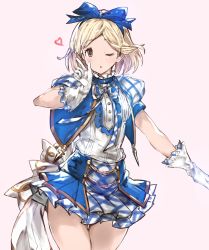 Rule 34 | 10s, 1girl, ;o, alternate costume, blonde hair, blue ribbon, blue skirt, blue vest, brown eyes, buttons, chestnut mouth, cowboy shot, djeeta (granblue fantasy), frills, gloves, granblue fantasy, hairband, heart, highres, index finger raised, kimi to boku no mirai, lace, lace-trimmed gloves, lace trim, miniskirt, moko (alice), one eye closed, open mouth, pink background, puffy short sleeves, puffy sleeves, ribbon, short hair, short sleeves, simple background, skirt, solo, superstar (granblue fantasy), superstar ex (granblue fantasy), thigh gap, vest, white gloves