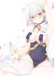 Rule 34 | 1girl, absurdres, arm up, azur lane, braid, breast curtains, breasts, cherry blossoms, china dress, chinese clothes, dress, flower, garter straps, gloves, grey dress, hair flower, hair ornament, half gloves, high heels, highres, large breasts, looking at viewer, manjuu (azur lane), neckwear between breasts, official alternate costume, origami aya, pelvic curtain, red eyes, revealing clothes, see-through, see-through sleeves, shoes, short hair, side braid, simple background, sirius (azur lane), sirius (azure horizons) (azur lane), sitting, solo, thighhighs, white background, white footwear, white gloves, white hair, white thighhighs